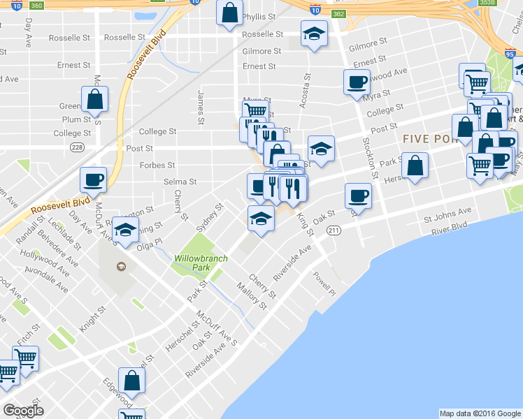 map of restaurants, bars, coffee shops, grocery stores, and more near 2753 Park Street in Jacksonville