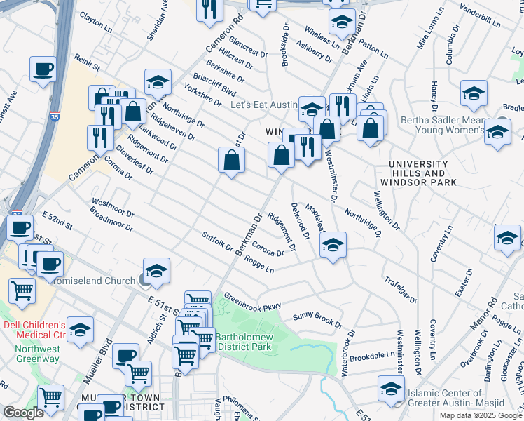 map of restaurants, bars, coffee shops, grocery stores, and more near Berkman Drive in Austin