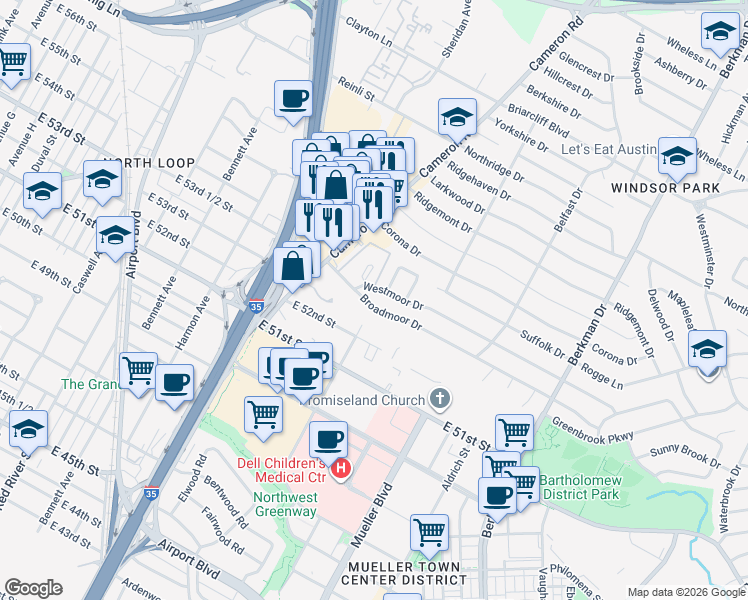 map of restaurants, bars, coffee shops, grocery stores, and more near 1222 Broadmoor Drive in Austin