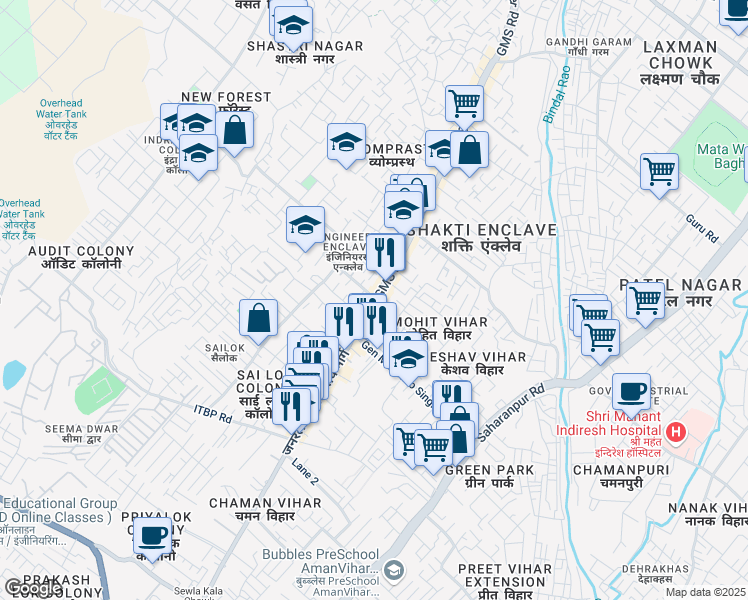 map of restaurants, bars, coffee shops, grocery stores, and more near General Mahadev Singh Road in Dehradun