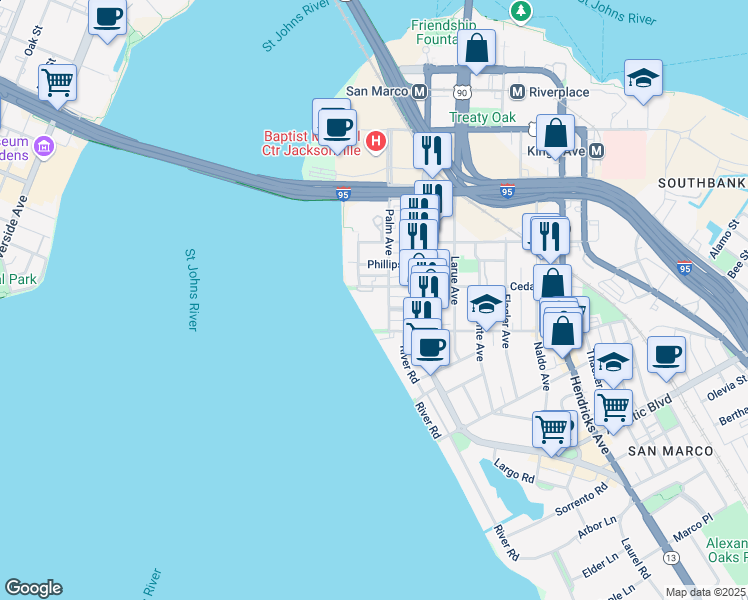 map of restaurants, bars, coffee shops, grocery stores, and more near 817 Cedar Street in Jacksonville