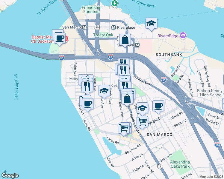 map of restaurants, bars, coffee shops, grocery stores, and more near 1521 Flagler Avenue in Jacksonville