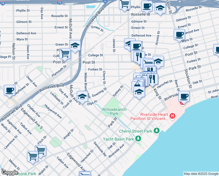 map of restaurants, bars, coffee shops, grocery stores, and more near 2834 Downing Street in Jacksonville