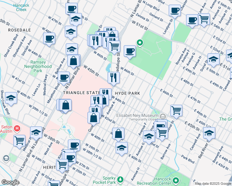 map of restaurants, bars, coffee shops, grocery stores, and more near in Austin
