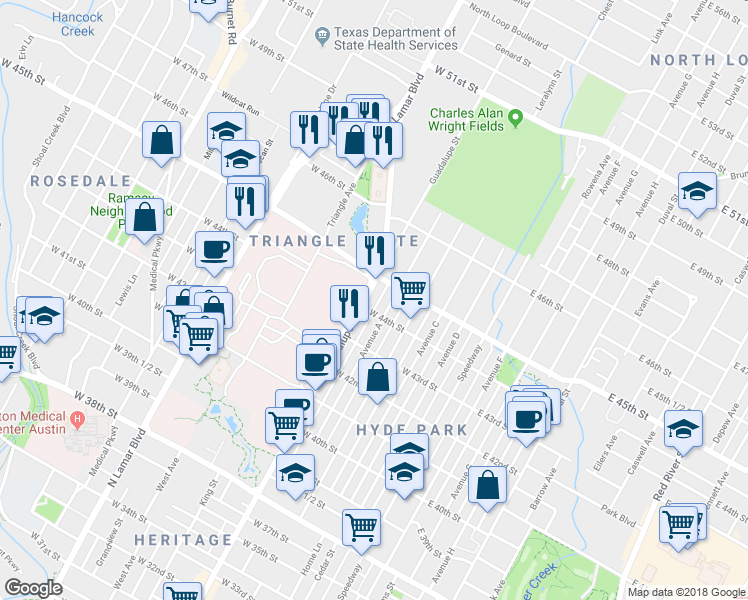 map of restaurants, bars, coffee shops, grocery stores, and more near 4405 Guadalupe St in Austin