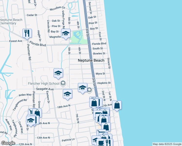 map of restaurants, bars, coffee shops, grocery stores, and more near 237 Oleander Street in Neptune Beach
