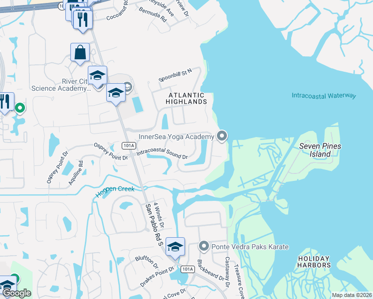 map of restaurants, bars, coffee shops, grocery stores, and more near 2130 Intracoastal Sound Drive East in Jacksonville