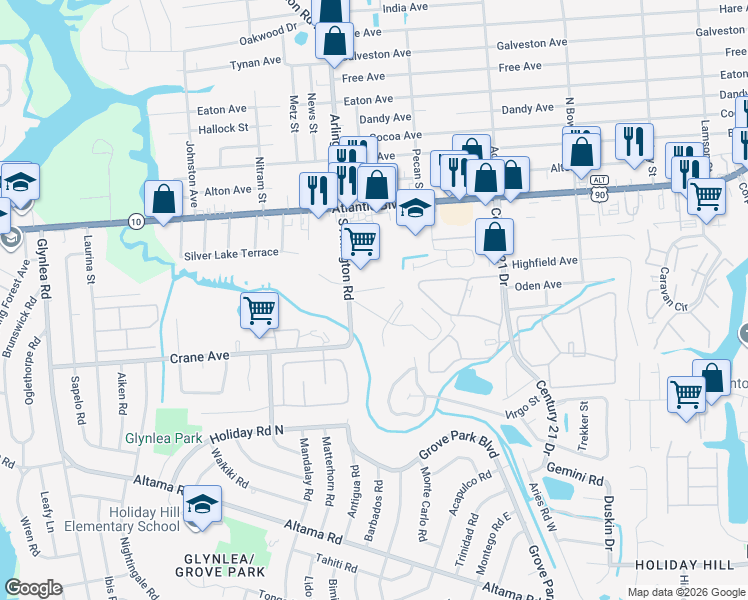 map of restaurants, bars, coffee shops, grocery stores, and more near 7600 Bailey Body Road in Jacksonville