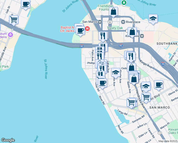 map of restaurants, bars, coffee shops, grocery stores, and more near 817 Cedar Street in Jacksonville