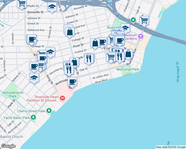 map of restaurants, bars, coffee shops, grocery stores, and more near 2247 Riverside Avenue in Jacksonville