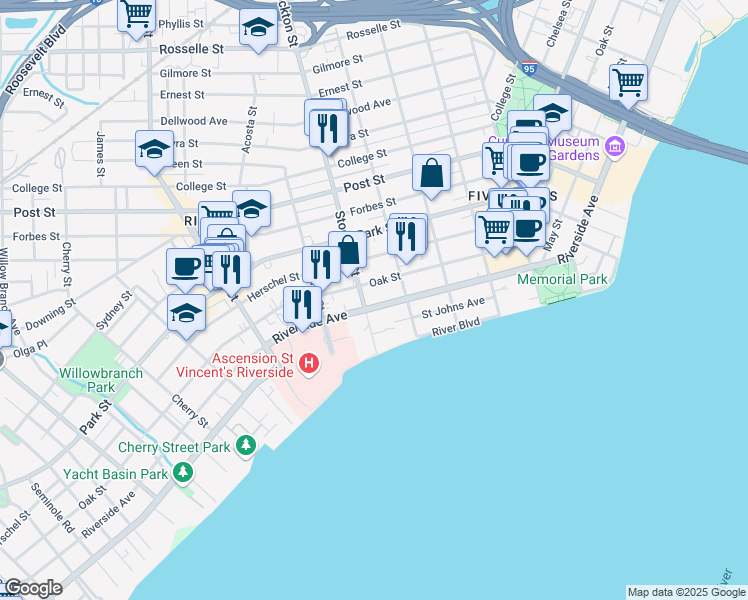 map of restaurants, bars, coffee shops, grocery stores, and more near 2338 Oak Street in Jacksonville