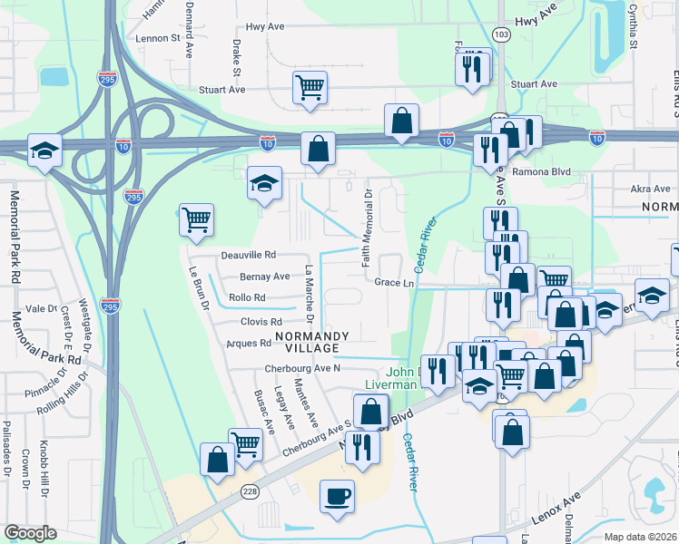 map of restaurants, bars, coffee shops, grocery stores, and more near 864 Faith Memorial Drive in Jacksonville