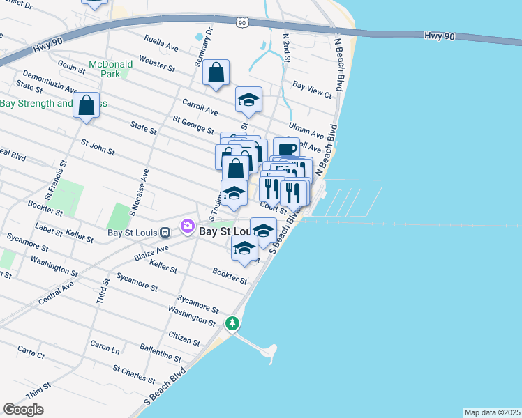 map of restaurants, bars, coffee shops, grocery stores, and more near 125 Court Street in Bay St. Louis