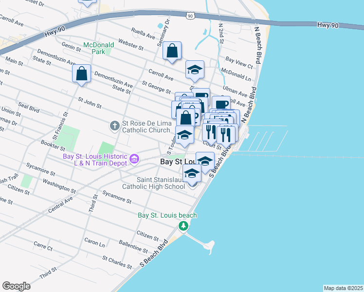 map of restaurants, bars, coffee shops, grocery stores, and more near in Bay St. Louis