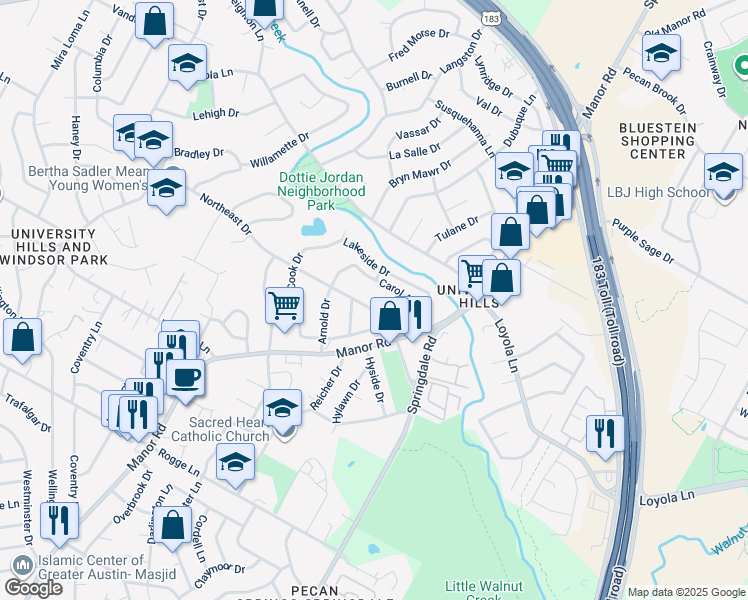 map of restaurants, bars, coffee shops, grocery stores, and more near 3207 Lakeside Drive in Austin