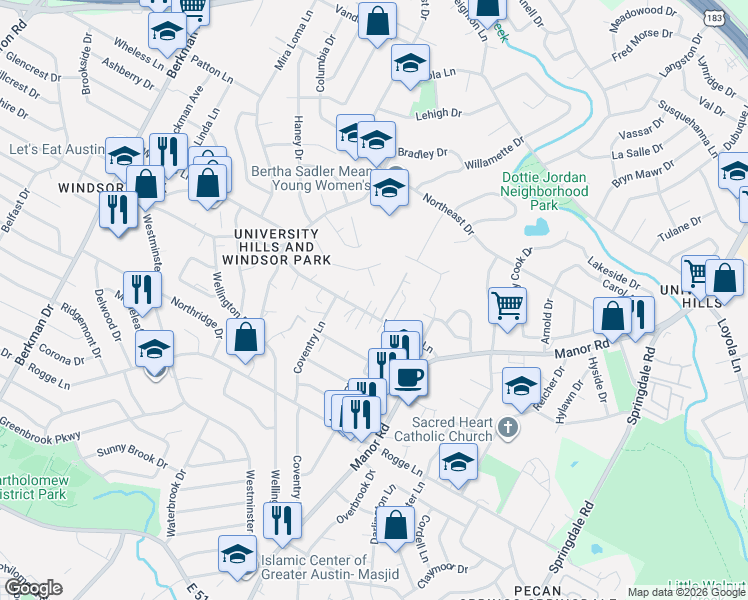 map of restaurants, bars, coffee shops, grocery stores, and more near 6106 Devonshire Cove in Austin