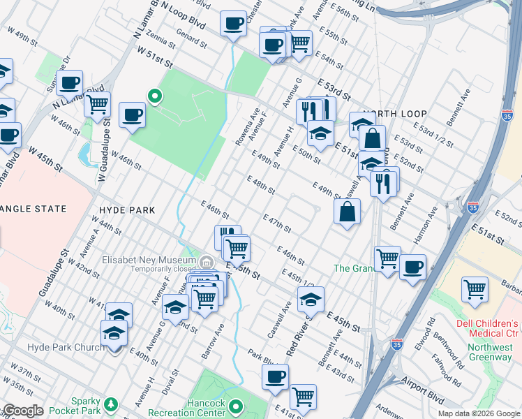 map of restaurants, bars, coffee shops, grocery stores, and more near 4705 Avenue H in Austin