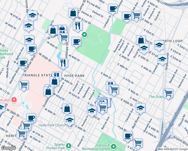 map of restaurants, bars, coffee shops, grocery stores, and more near 4525 1/2 Avenue D in Austin