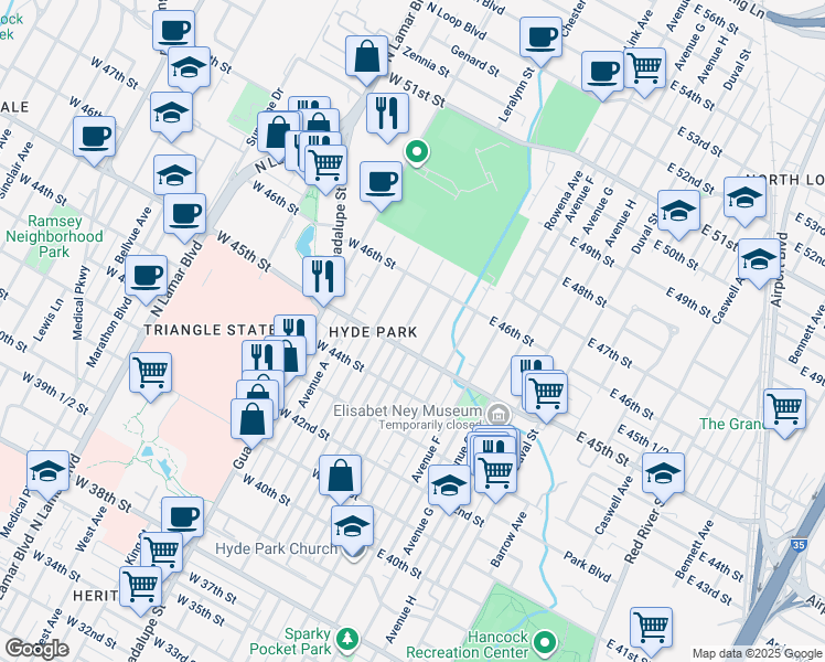 map of restaurants, bars, coffee shops, grocery stores, and more near 4517 Avenue C in Austin