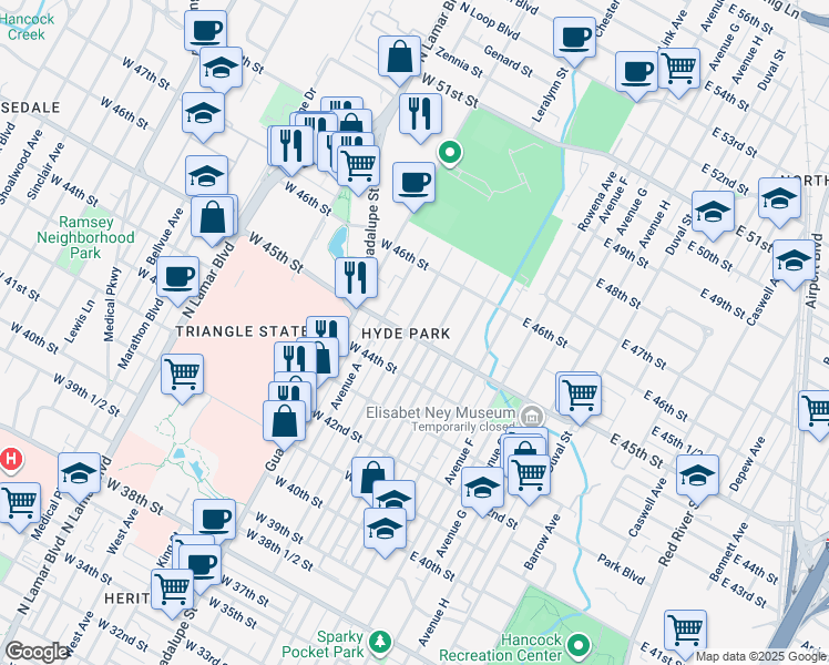 map of restaurants, bars, coffee shops, grocery stores, and more near 4504a Avenue B in Austin