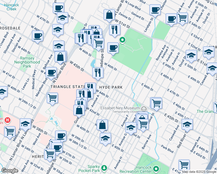 map of restaurants, bars, coffee shops, grocery stores, and more near 4504a Avenue B in Austin
