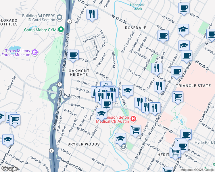 map of restaurants, bars, coffee shops, grocery stores, and more near 3809 Petes Path in Austin