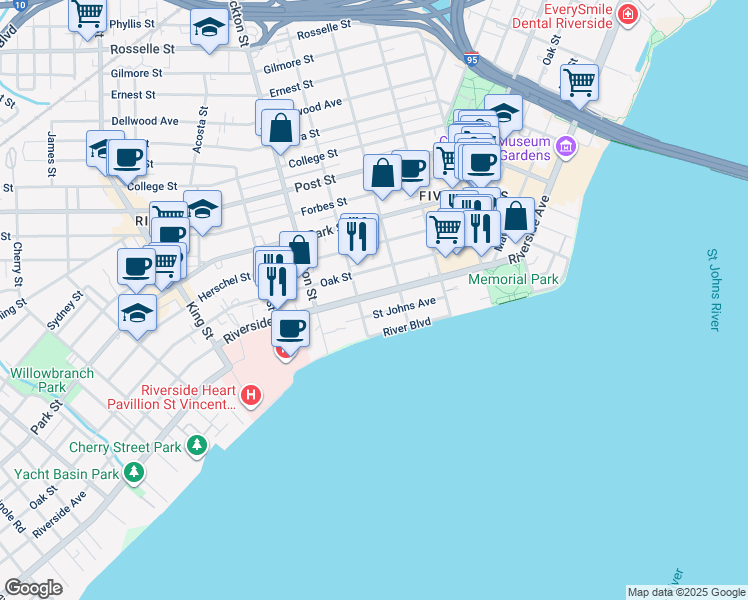 map of restaurants, bars, coffee shops, grocery stores, and more near 2247 Riverside Avenue in Jacksonville