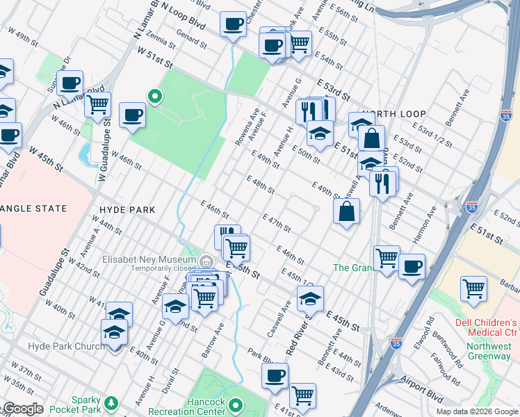 map of restaurants, bars, coffee shops, grocery stores, and more near 4705 Avenue H in Austin