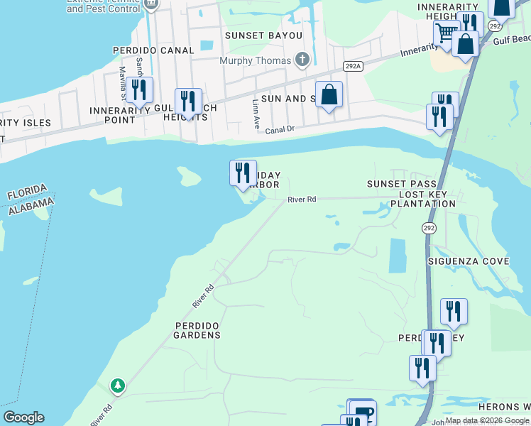 map of restaurants, bars, coffee shops, grocery stores, and more near 337 River Road in Pensacola