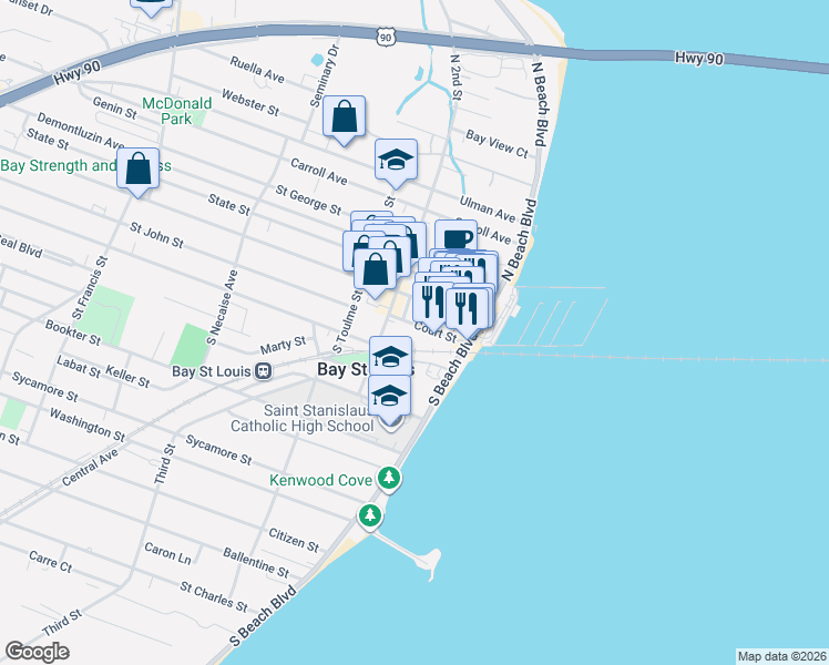 map of restaurants, bars, coffee shops, grocery stores, and more near 125 Court Street in Bay St. Louis