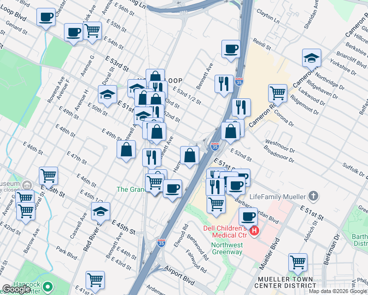 map of restaurants, bars, coffee shops, grocery stores, and more near 946 East 50th Street in Austin