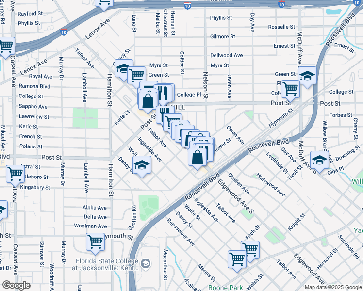 map of restaurants, bars, coffee shops, grocery stores, and more near 1115 Edgewood Avenue South in Jacksonville