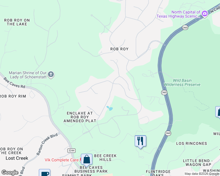 map of restaurants, bars, coffee shops, grocery stores, and more near 14 Rob Roy Road in Austin
