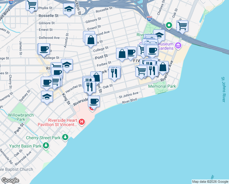 map of restaurants, bars, coffee shops, grocery stores, and more near Riverside Ave & Osceola St in Jacksonville
