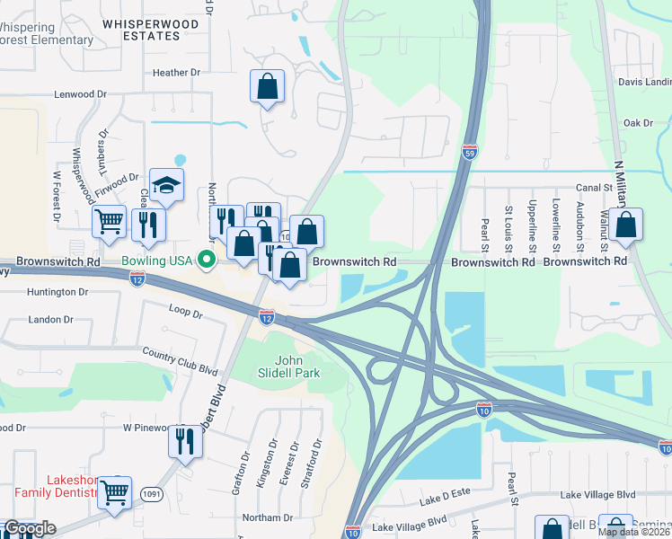 map of restaurants, bars, coffee shops, grocery stores, and more near 893 Brownswitch Road in Slidell