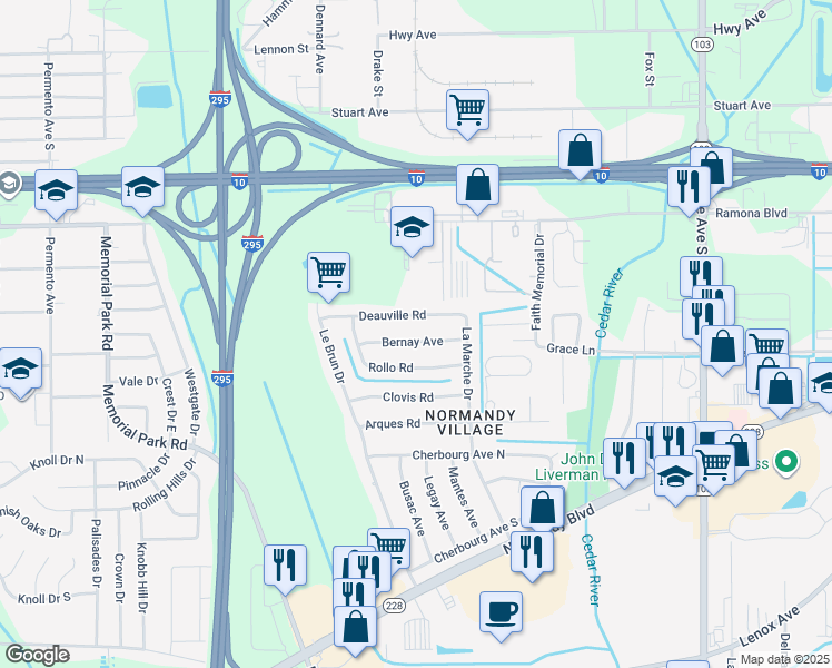 map of restaurants, bars, coffee shops, grocery stores, and more near 6959 Bernay Avenue in Jacksonville