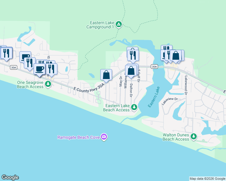 map of restaurants, bars, coffee shops, grocery stores, and more near 112 North Ryan Street in Santa Rosa Beach