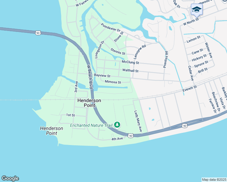 map of restaurants, bars, coffee shops, grocery stores, and more near 134 Mimosa Street in Pass Christian