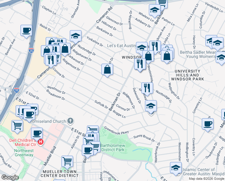 map of restaurants, bars, coffee shops, grocery stores, and more near 1601 Ridgemont Drive in Austin