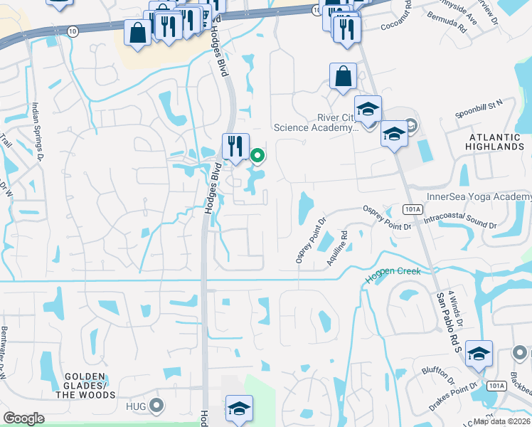 map of restaurants, bars, coffee shops, grocery stores, and more near 13277 Mendenhall Place in Jacksonville