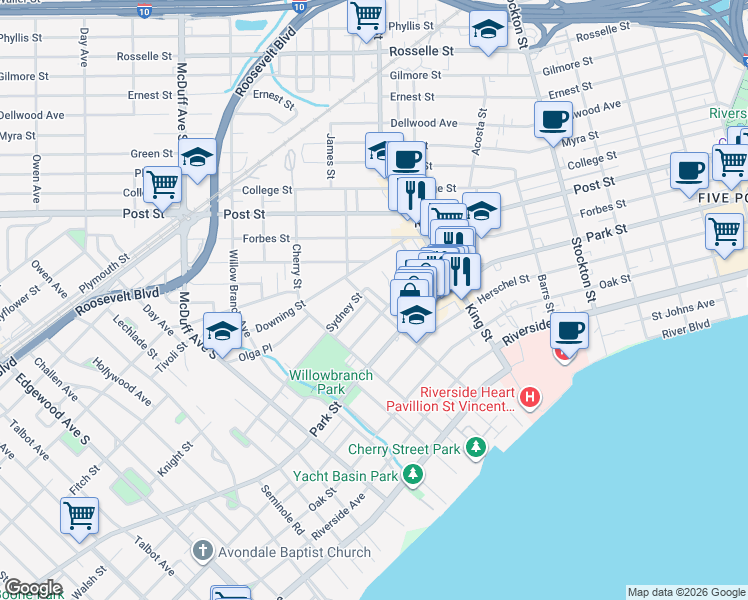 map of restaurants, bars, coffee shops, grocery stores, and more near 2798 Sydney Street in Jacksonville