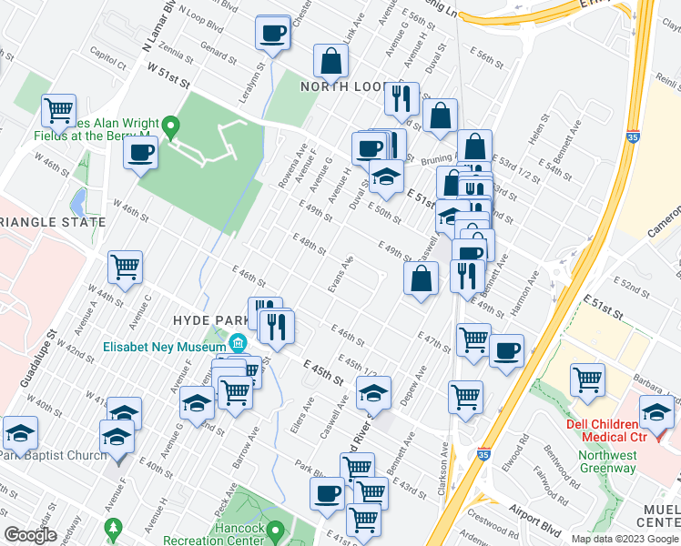map of restaurants, bars, coffee shops, grocery stores, and more near Evans Ave & E 48th St in Austin