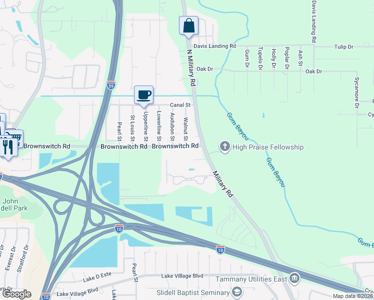 map of restaurants, bars, coffee shops, grocery stores, and more near 1350 Brownswitch Road in Slidell