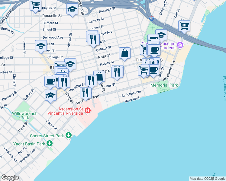 map of restaurants, bars, coffee shops, grocery stores, and more near 2338 Oak Street in Jacksonville