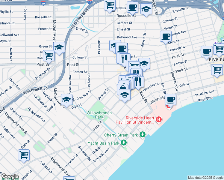 map of restaurants, bars, coffee shops, grocery stores, and more near 1318 Sydney Place in Jacksonville