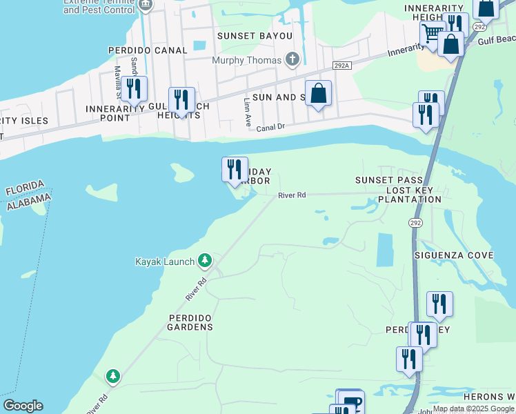 map of restaurants, bars, coffee shops, grocery stores, and more near 14100 River Road in Pensacola
