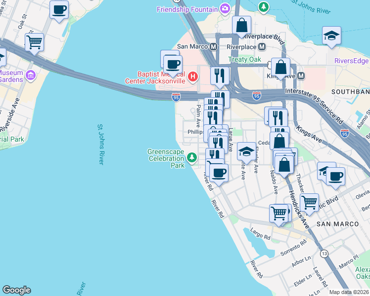 map of restaurants, bars, coffee shops, grocery stores, and more near 817 Cedar Street in Jacksonville