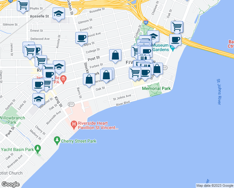 map of restaurants, bars, coffee shops, grocery stores, and more near in Jacksonville