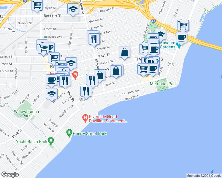 map of restaurants, bars, coffee shops, grocery stores, and more near 2338 Oak Street in Jacksonville