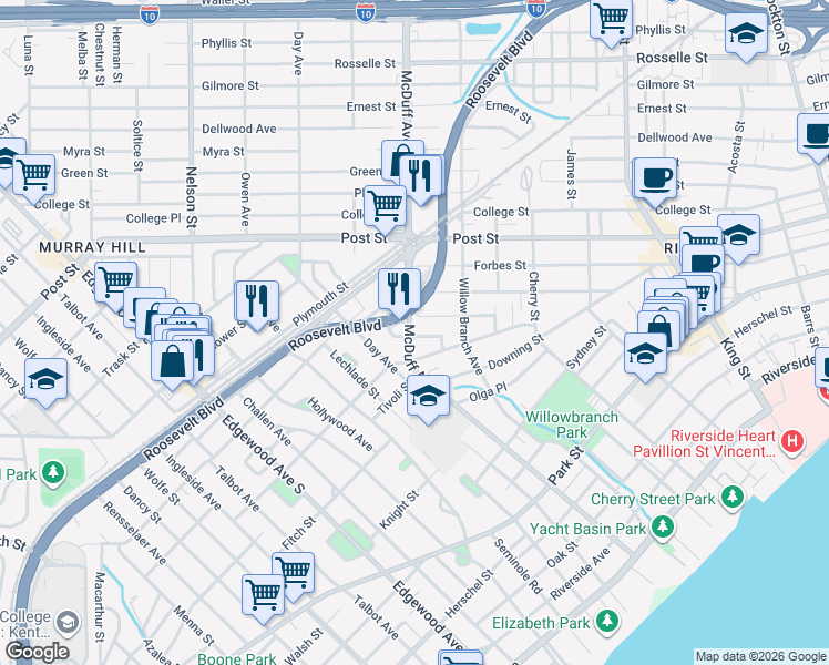 map of restaurants, bars, coffee shops, grocery stores, and more near in Jacksonville